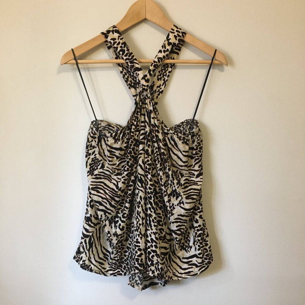 George XXL Cream Leopard Print Rayon Open-Back Halter Top Brown Black